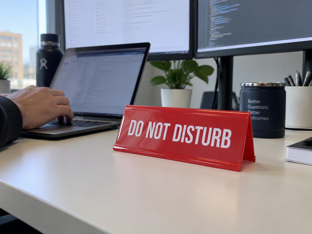 'Do Not Disturb' red tent sign on a real desk in front of a laptop and dual monitors