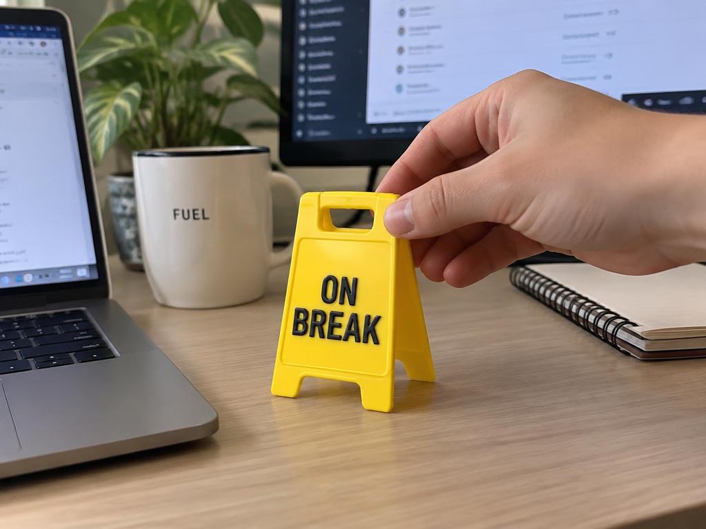 'On Break' yellow fold-out sign placed on a real desk by a hand, laptop and mug for scale