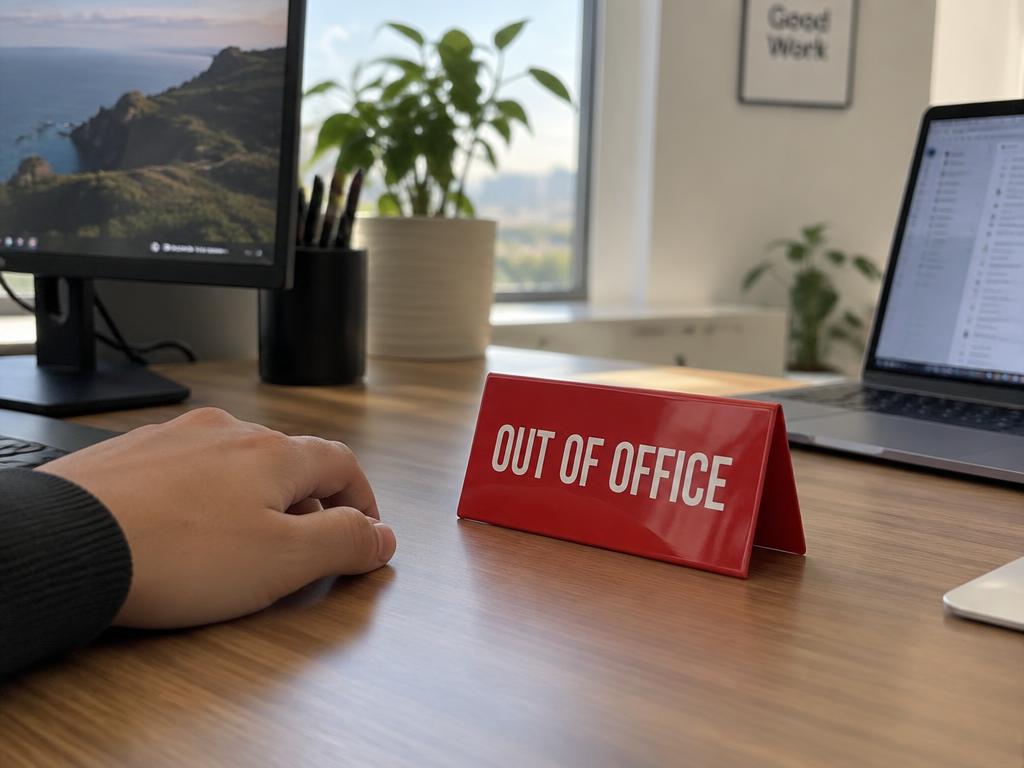 'Out of Office' red tent sign on a real desk beside a monitor and laptop, a hand nearby for scale