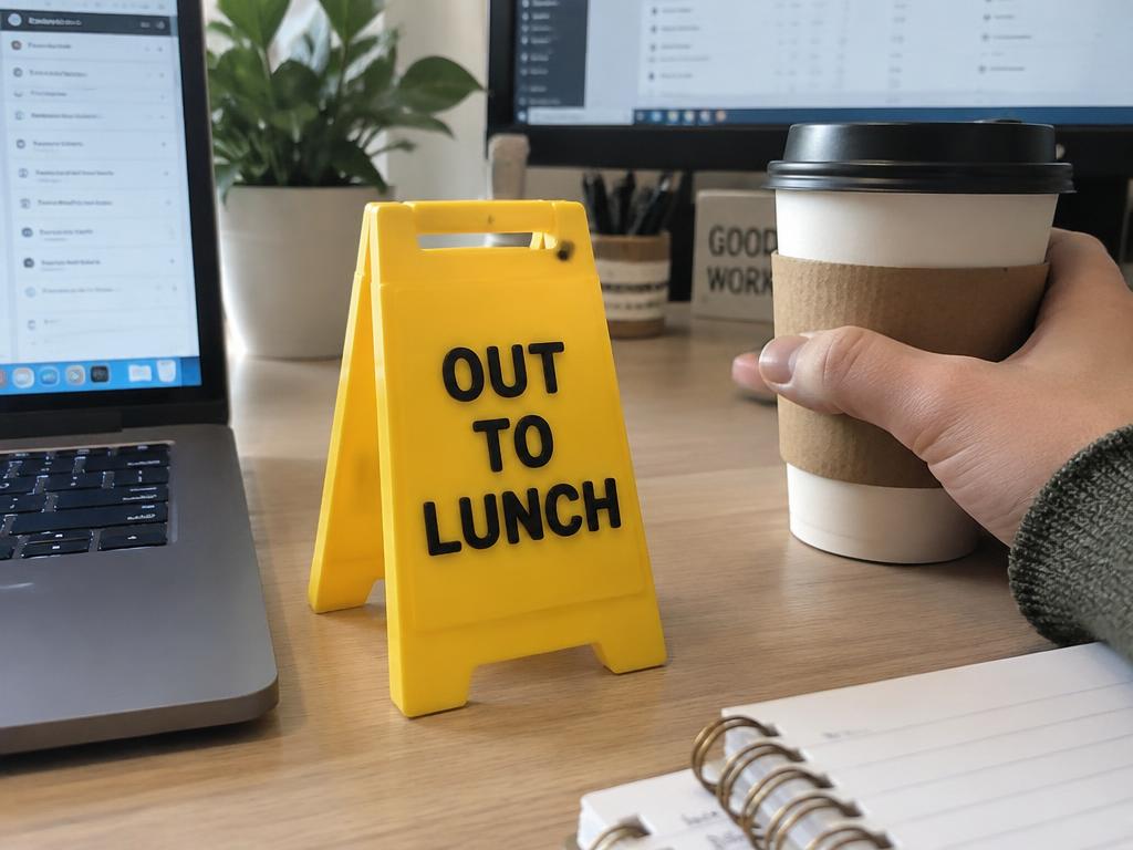 'Out to Lunch' yellow fold-out sign on a real desk next to a laptop and coffee cup