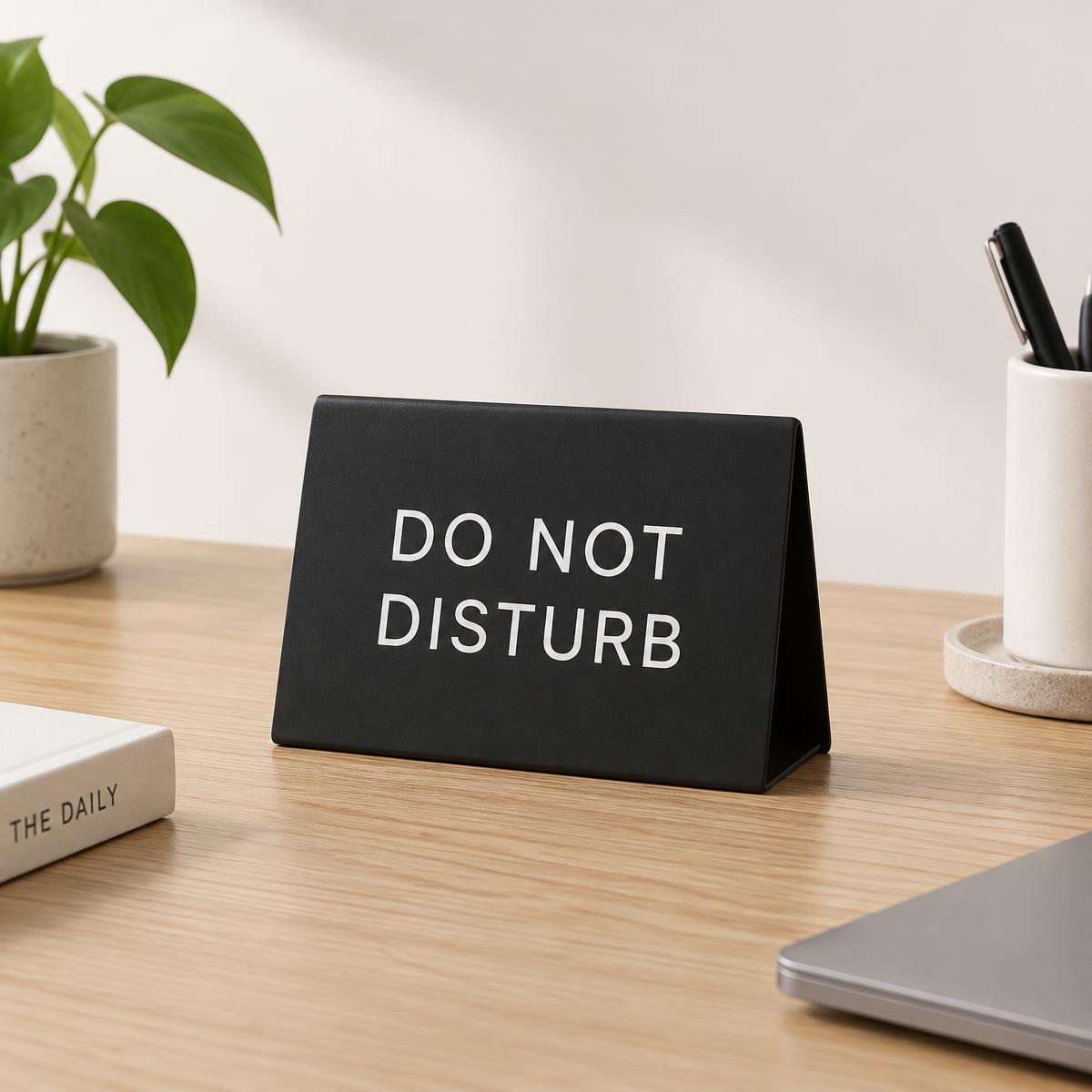 'Do Not Disturb' matte black desk sign standing on a pale oak desk